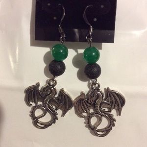Dragon Earrings with Jade and Lava Stones